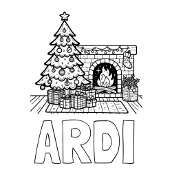 Online izdelana pobarvanka - Pobarvanka imena ARDI in pobarvanka božične noči z božično smrečico, darili ter kaminom