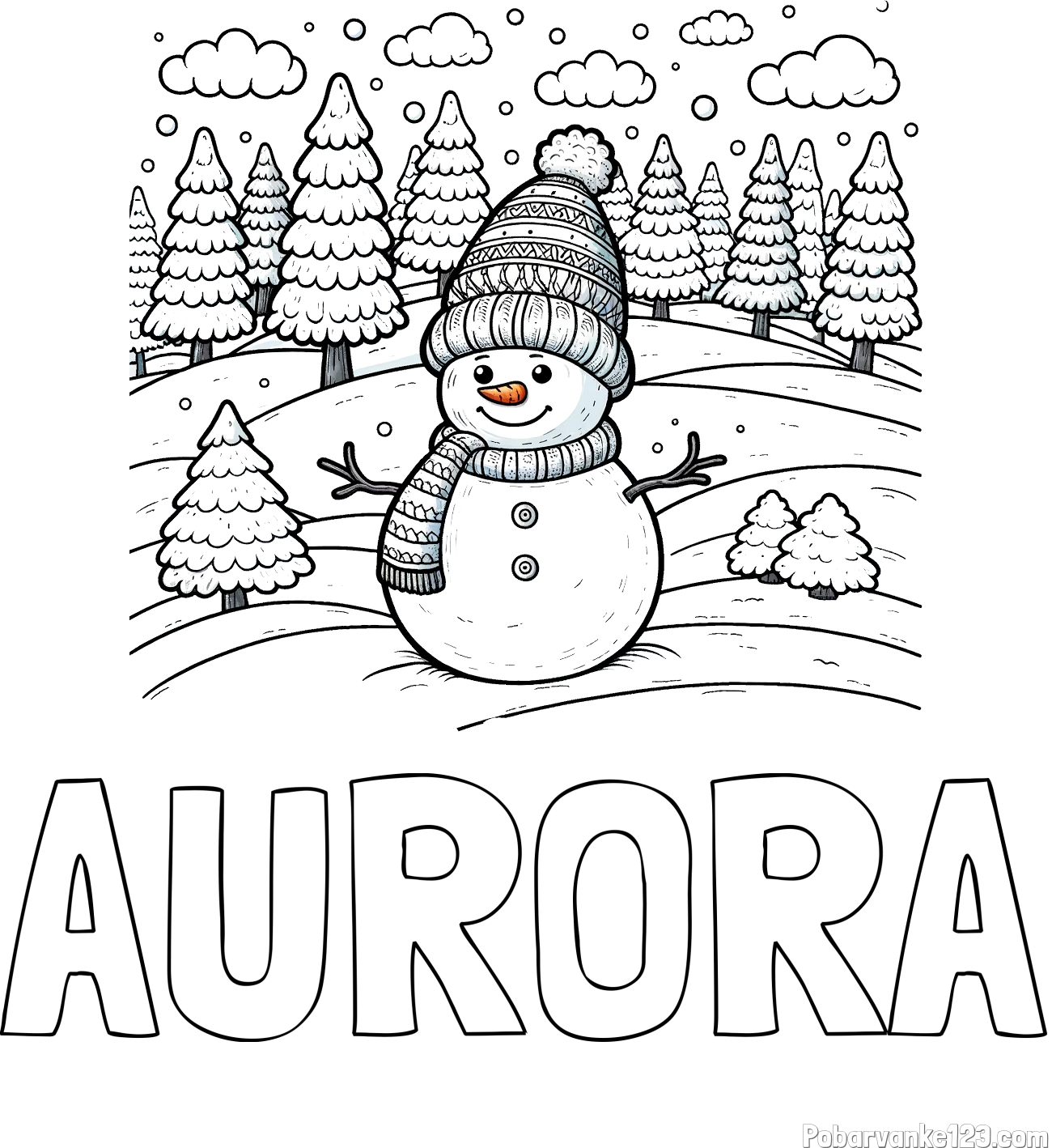 Pobarvanka imena AURORA in pobarvanka snežaka v naravi obdanega z zasneženimi smrekami