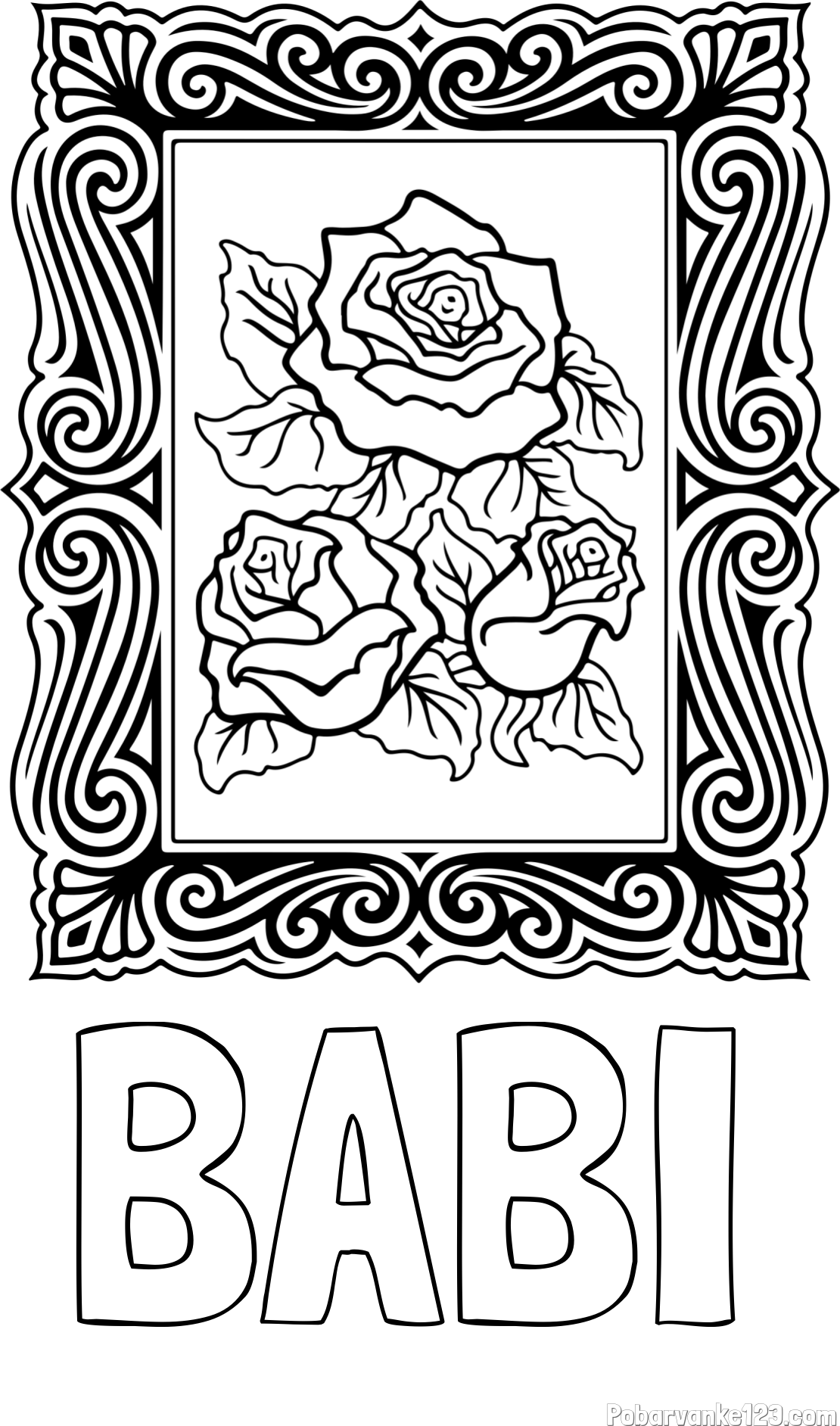 Pobarvanka imena BABI in pobarvanka  uokvirjene slike vrtnic