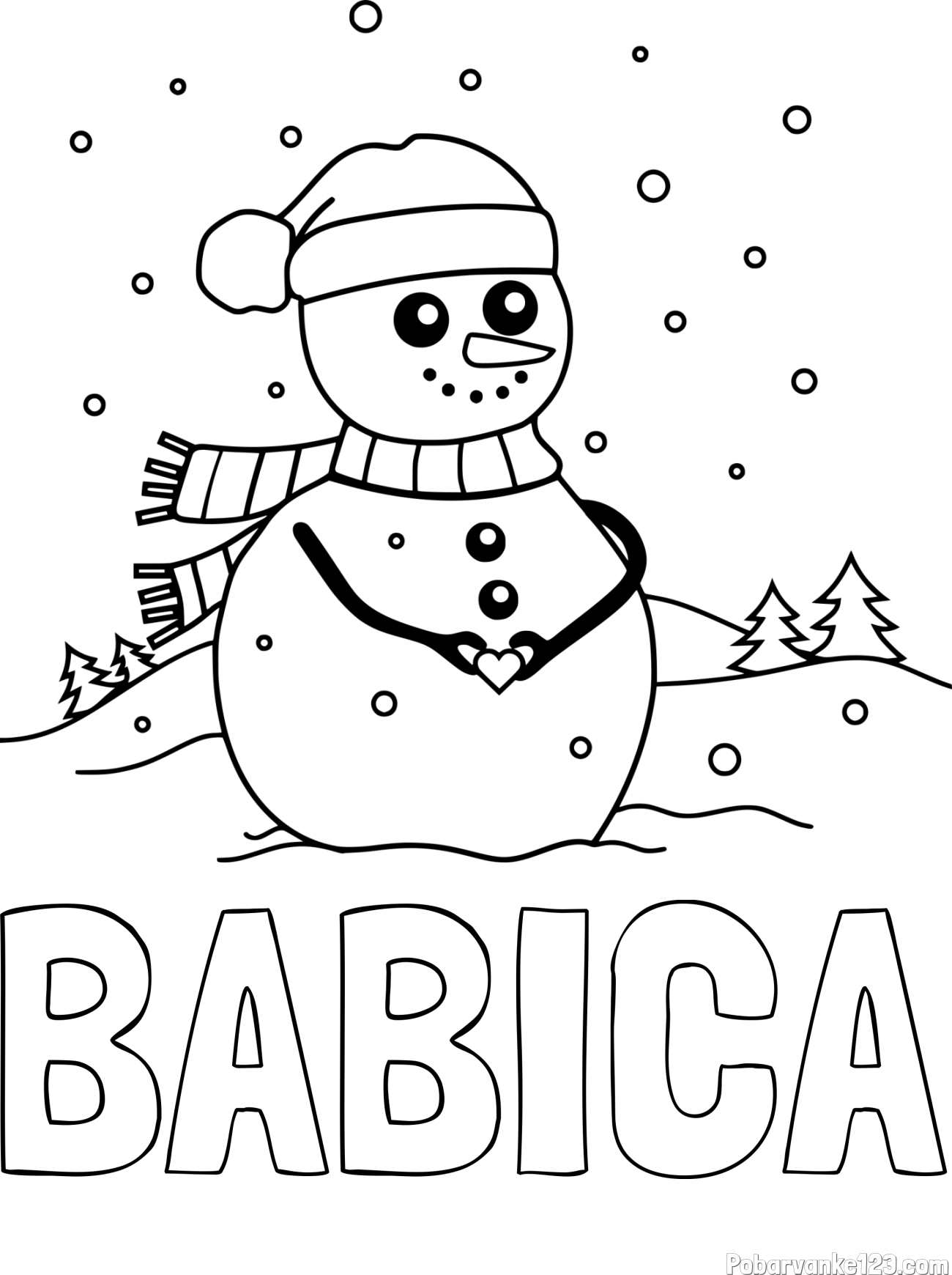 Pobarvanka imena BABICA in pobarvanka prikupnega snežaka