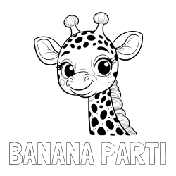 Online izdelana pobarvanka - Pobarvanka imena BANANA PARTI in pobarvanka ljubke žirafe z velikimi očmi