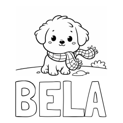 Online izdelana pobarvanka - Pobarvanka imena BELA in pobarvanka prikupnega psička
