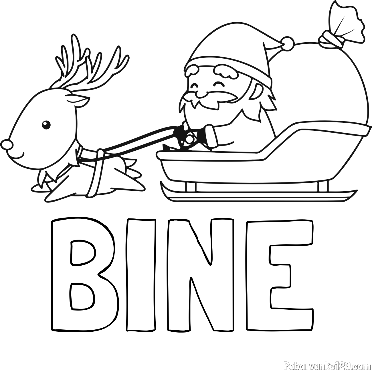 Pobarvanka imena BINE in pobarvanka Božička na saneh ter jelenčka Rudolfa