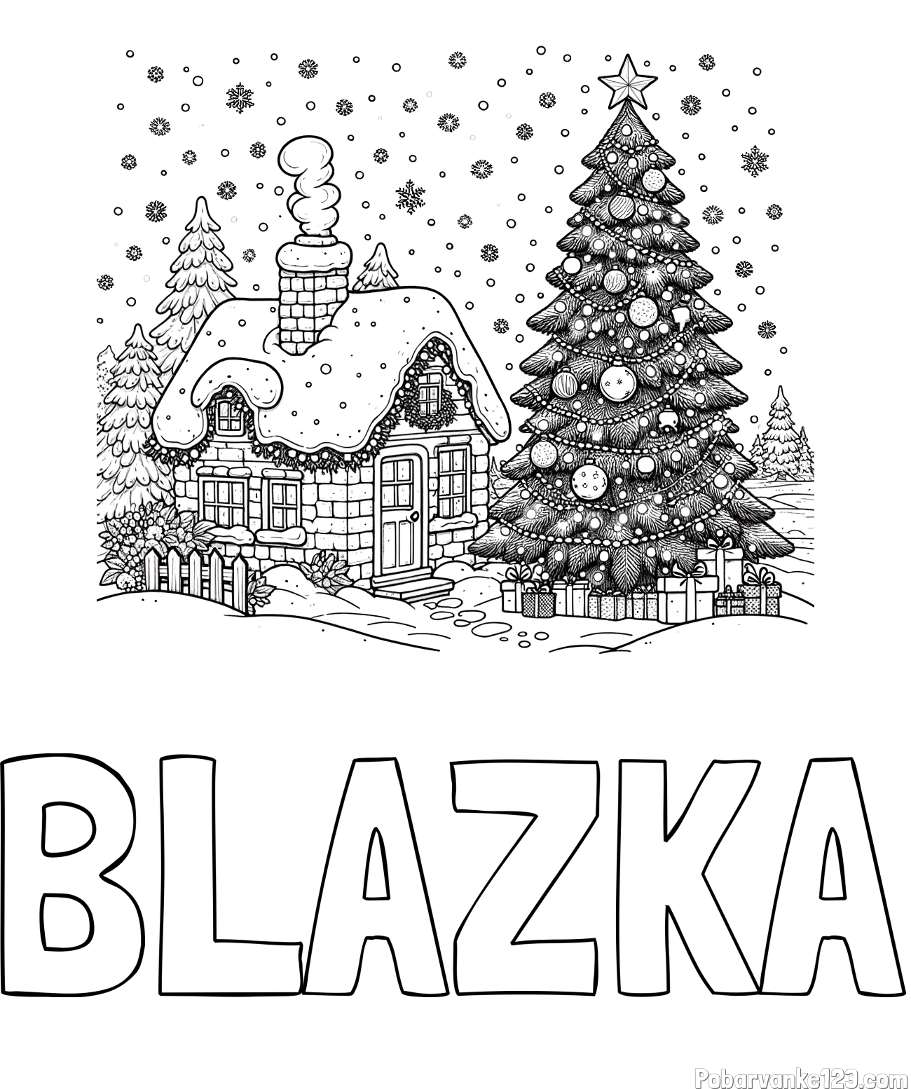Pobarvanka imena BLAŽKA in pobarvanka zasnežene hiške na božično noč