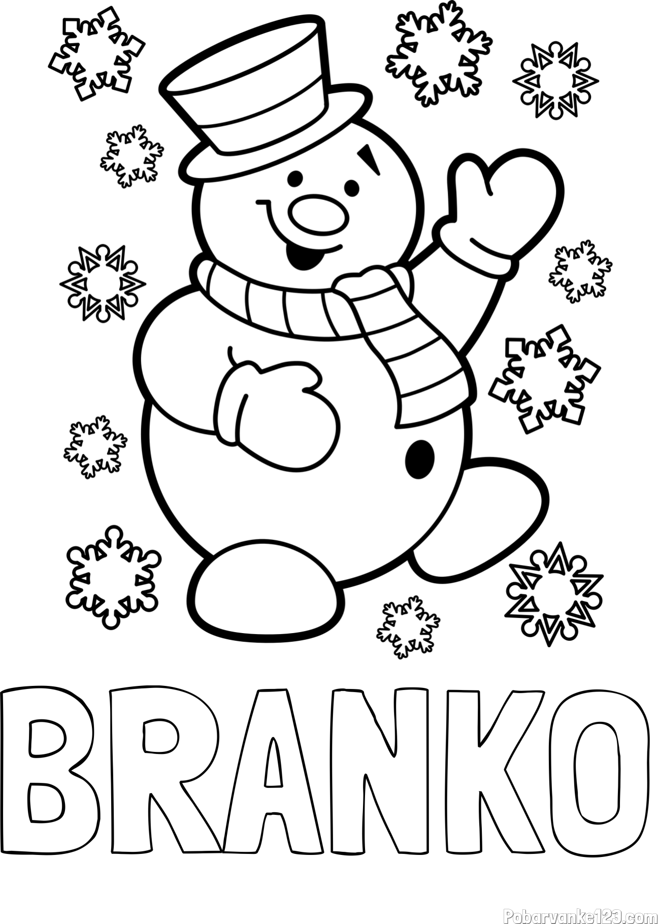 Pobarvanka imena BRANKO in pobarvanka veselega snežaka