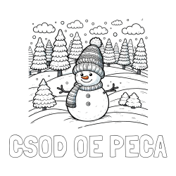 Online izdelana pobarvanka - Pobarvanka imena CŠOD OE PECA in pobarvanka snežaka v naravi obdanega z zasneženimi smrekami