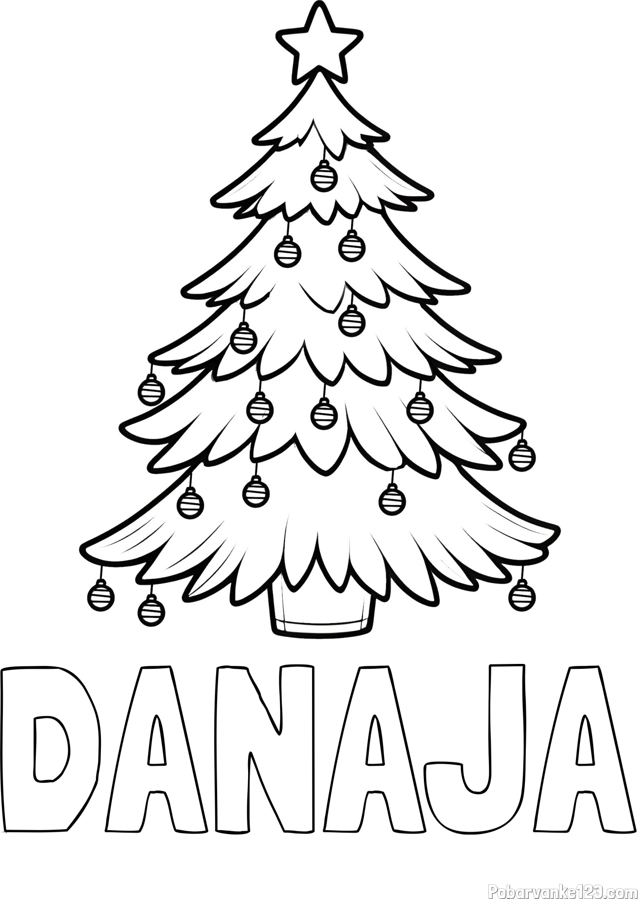 Pobarvanka imena DANAJA in pobarvanka božične jelke z božično zvezdico in bunkicami
