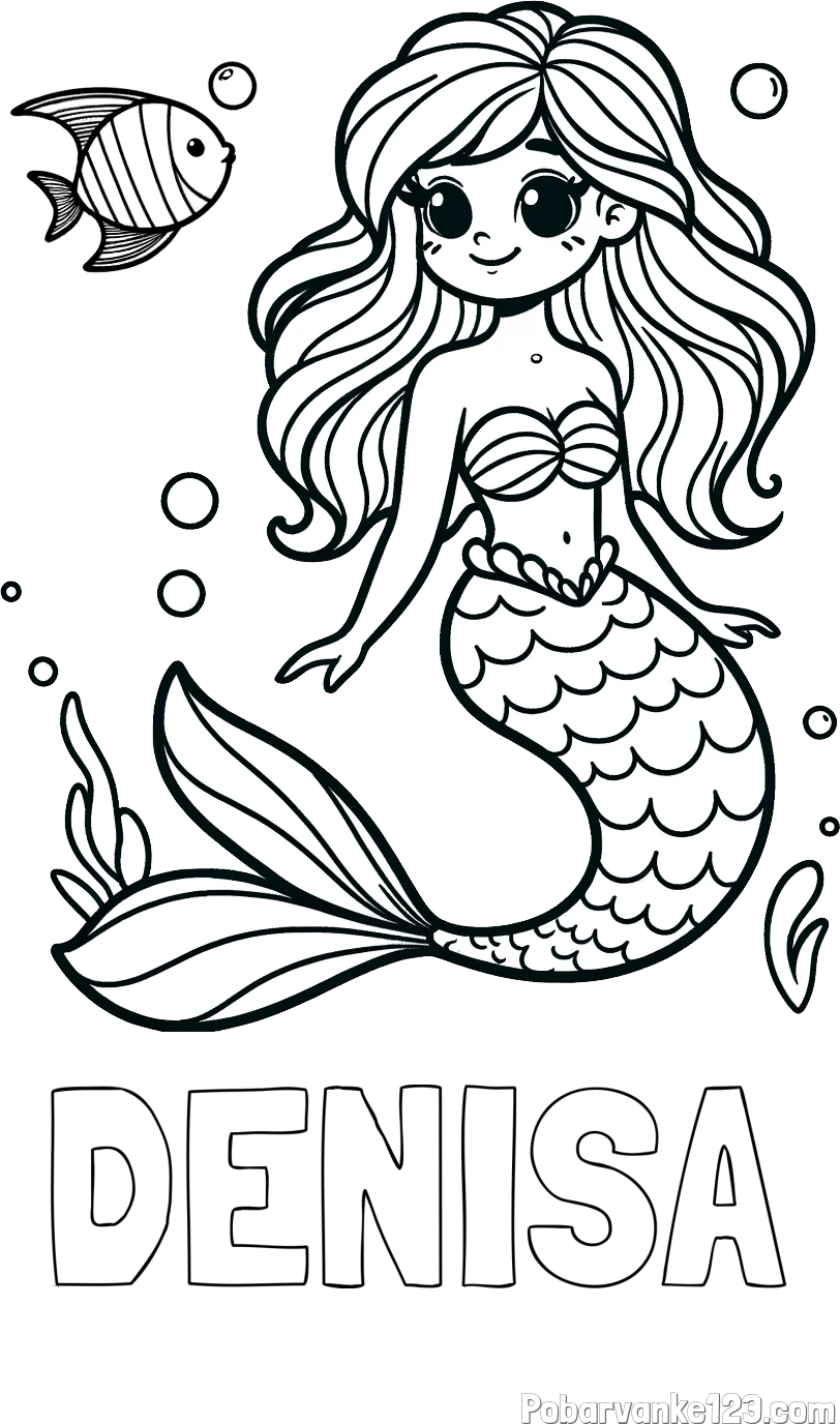 Pobarvanka imena DENISA in pobarvanka male morske deklice in ribice