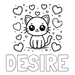Online izdelana pobarvanka - Pobarvanka imena DESIRE in pobarvanka ljubke mucke obdane z veliko srčki