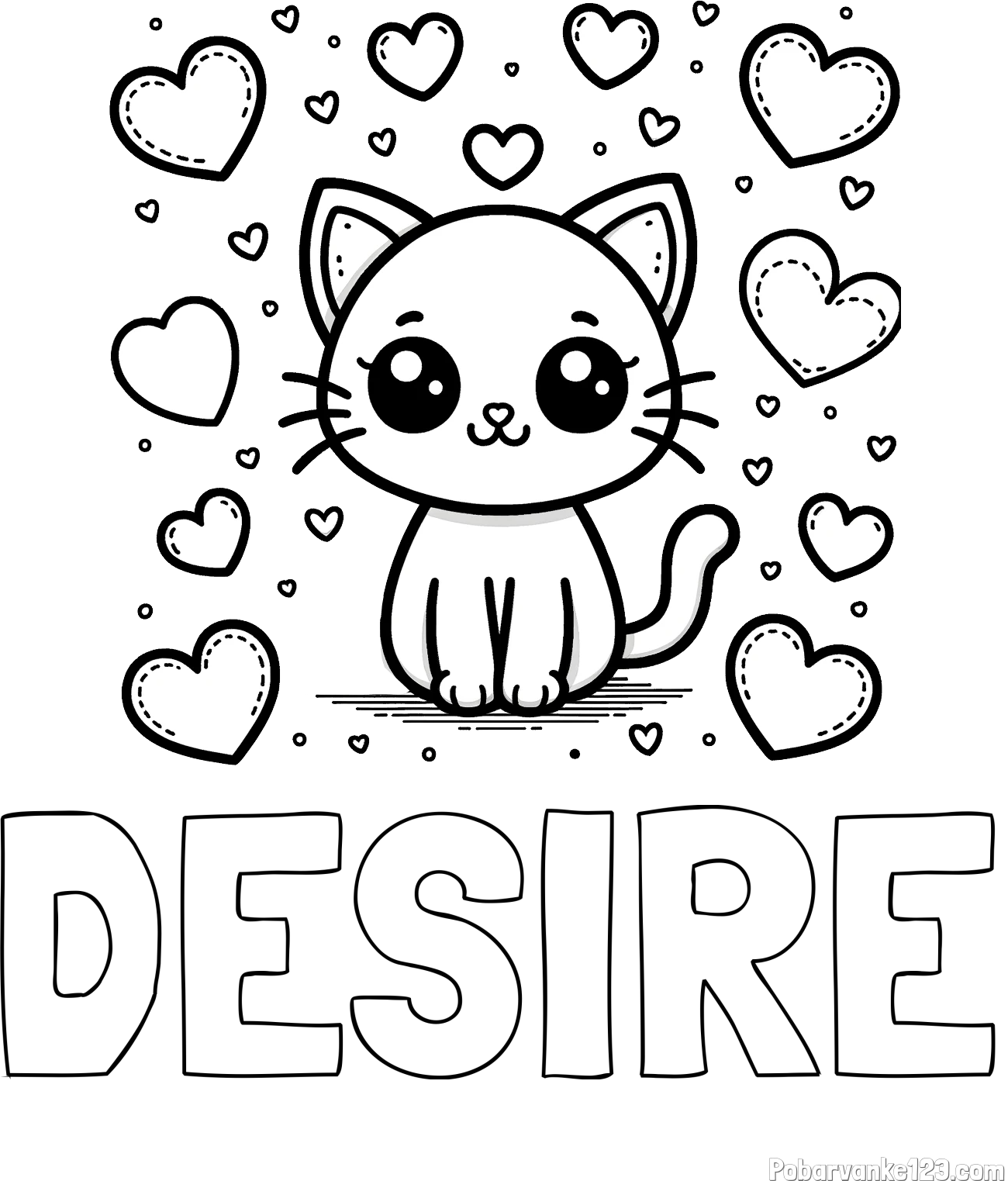 Pobarvanka imena DESIRE in pobarvanka ljubke mucke obdane z veliko srčki