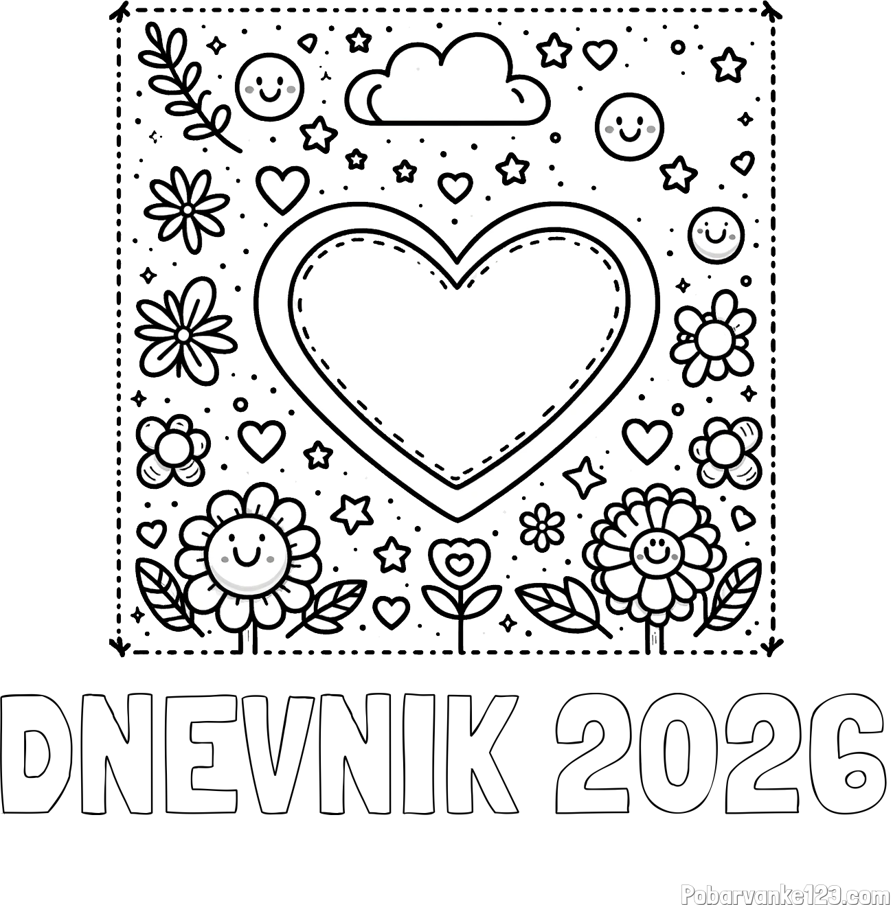 Pobarvanka imena DNEVNIK 2026 in pobarvanka srčka ter rožic