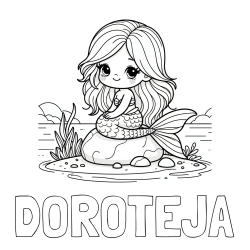Online izdelana pobarvanka - Pobarvanka imena DOROTEJA in pobarvanka prikupne morske deklice, ki sedi na kamnu ob obali