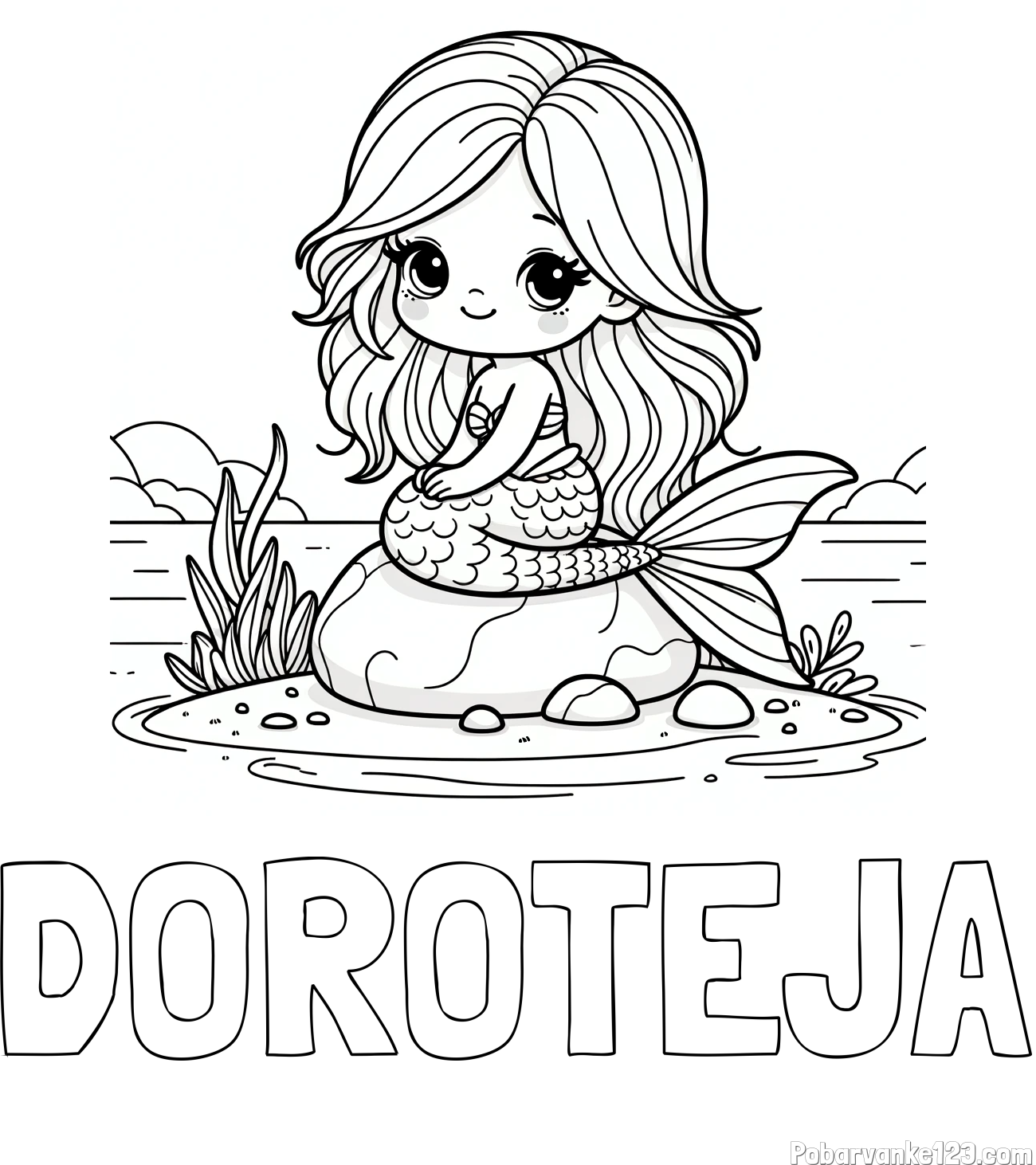 Pobarvanka imena DOROTEJA in pobarvanka prikupne morske deklice, ki sedi na kamnu ob obali