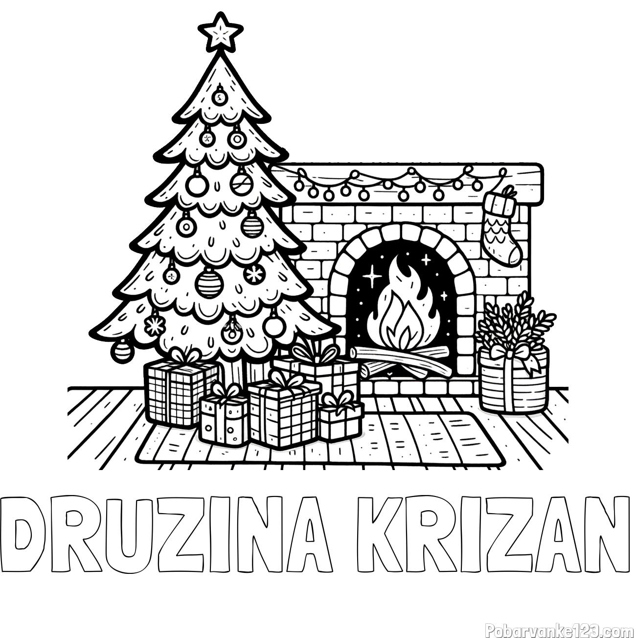 Pobarvanka imena DRUŽINA KRIŽAN in pobarvanka božične noči z božično smrečico, darili ter kaminom