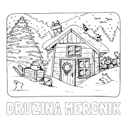 Online izdelana pobarvanka - Pobarvanka imena DRUŽINA MERČNIK in pobarvanka zasnežene pokrajine s hiško