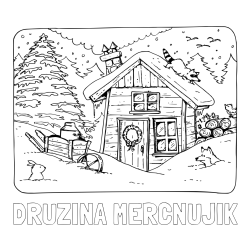 Online izdelana pobarvanka - Pobarvanka imena DRUŽINA MERČNUJIK in pobarvanka zasnežene pokrajine s hiško