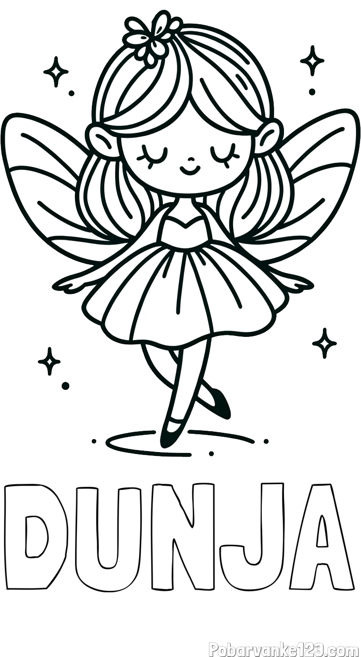 Pobarvanka imena DUNJA in enostavna pobarvanka čarobne vile