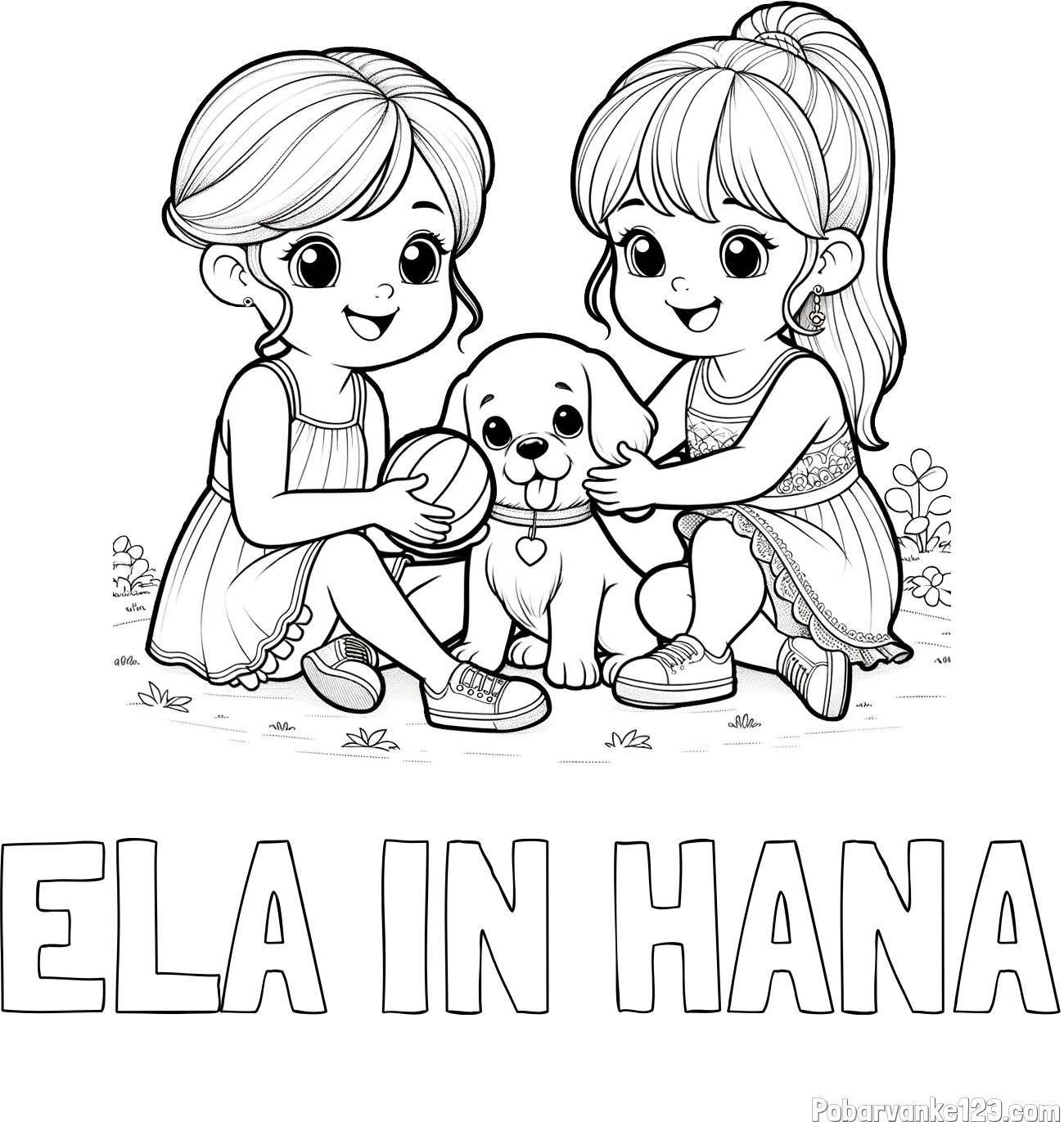 Pobarvanka imena ELA IN HANA in pobarvanka prijateljic s kužkom