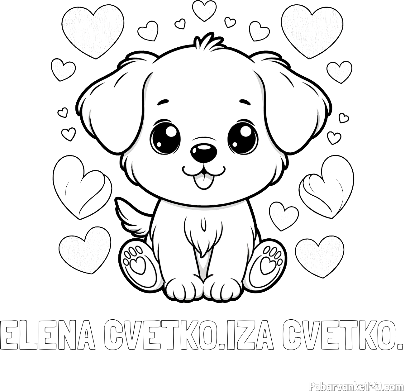 Pobarvanka imena ELENA CVETKO.IZA CVETKO. in pobarvanka ljubkega kužka obdanega s srčki
