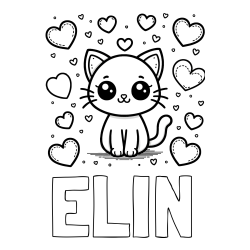 Online izdelana pobarvanka - Pobarvanka imena ELIN in pobarvanka ljubke mucke obdane z veliko srčki