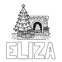Online izdelana pobarvanka - Pobarvanka imena ELIZA in pobarvanka božične noči z božično smrečico, darili ter kaminom