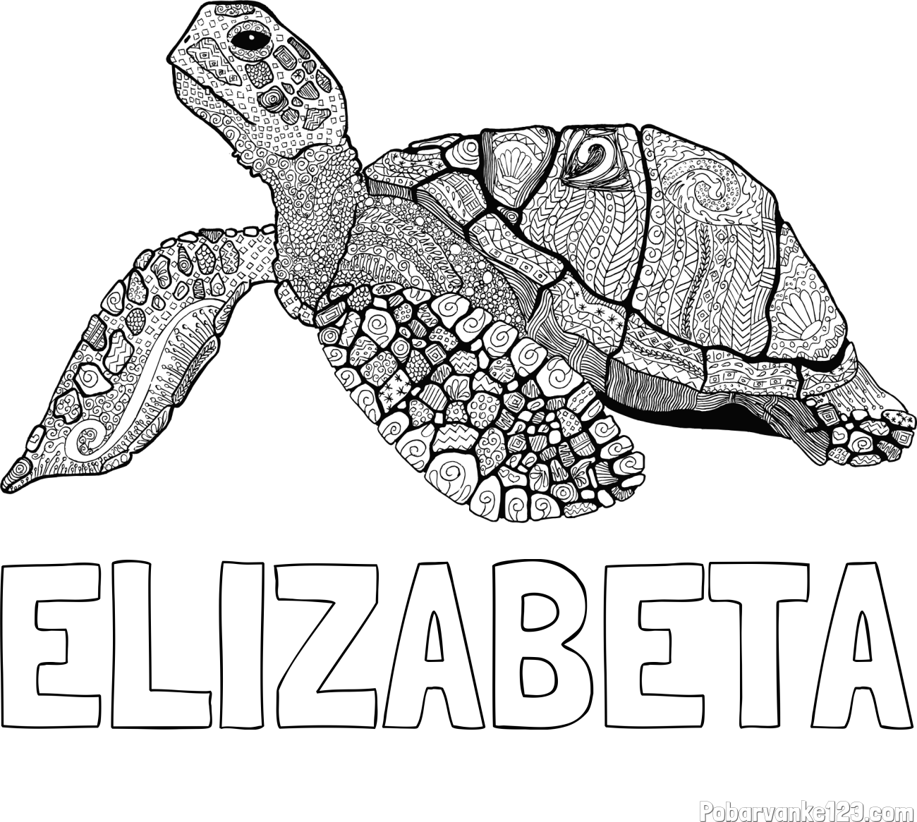 Pobarvanka imena ELIZABETA in pobarvanka velike želve - mandale