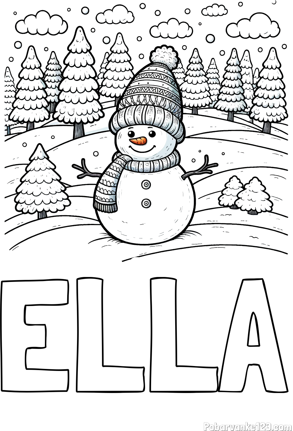 Pobarvanka imena ELLA in pobarvanka snežaka v naravi obdanega z zasneženimi smrekami