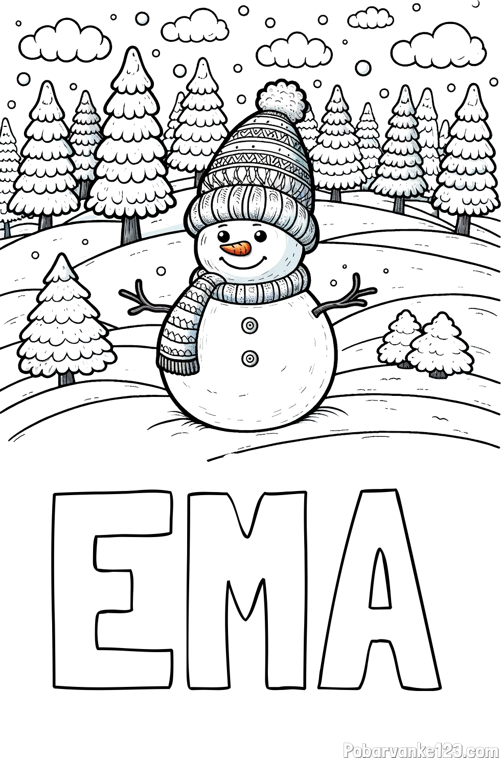 Pobarvanka imena EMA in pobarvanka snežaka v naravi obdanega z zasneženimi smrekami