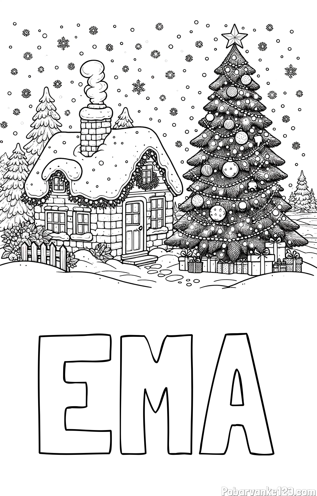 Pobarvanka imena EMA in pobarvanka zasnežene hiške na božično noč