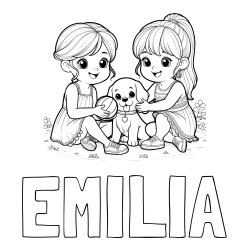 Online izdelana pobarvanka - Pobarvanka imena EMILIA in pobarvanka prijateljic s kužkom