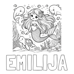Online izdelana pobarvanka - Pobarvanka imena EMILIJA in pobarvana ljubke morske deklice s prijatelji