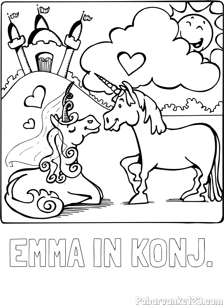 Pobarvanka imena EMMA IN KONJ. in pobarvanka zaljubljenih samorogov