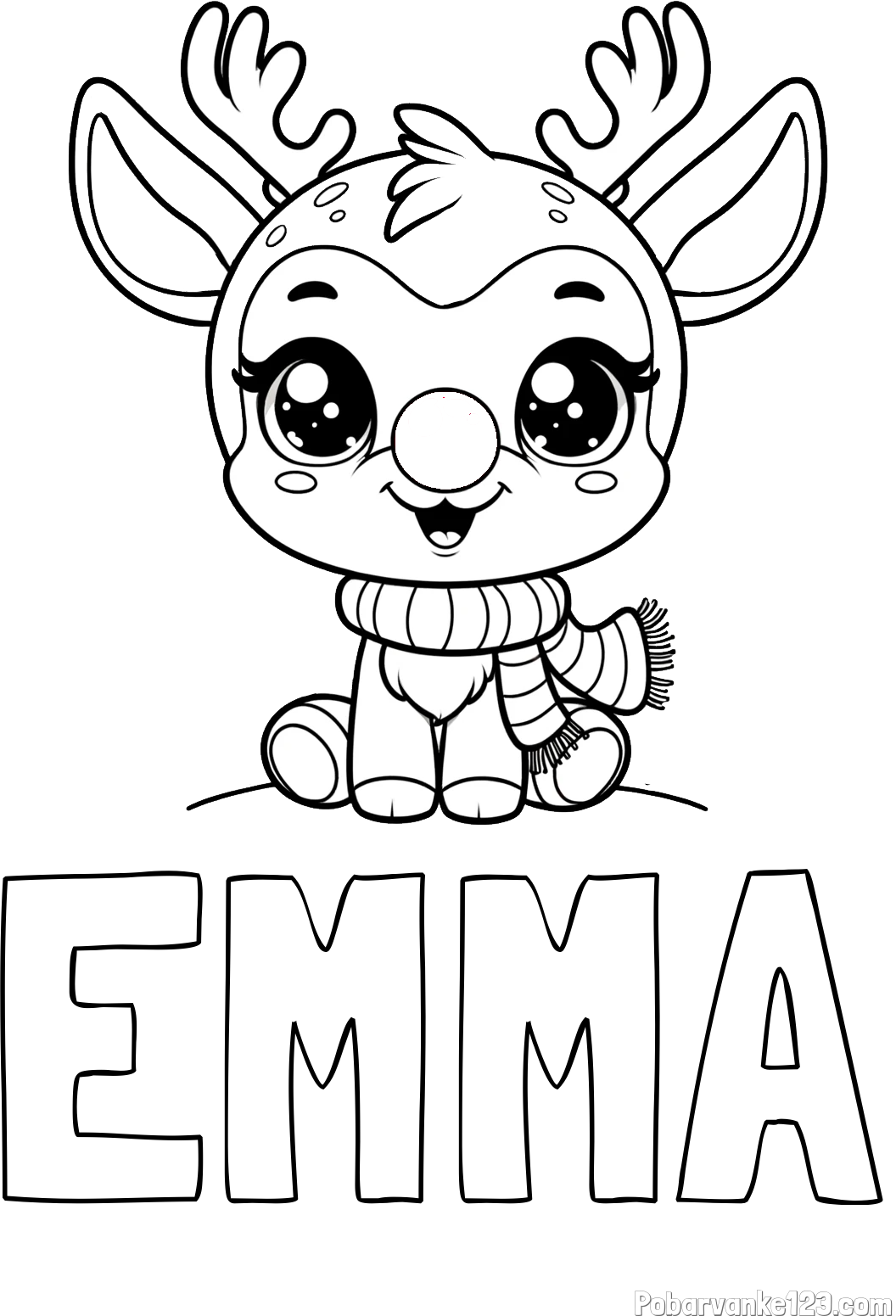 Pobarvanka imena EMMA in otroška pobarvanka jelenčka Rudolfa s šalom okoli vratu