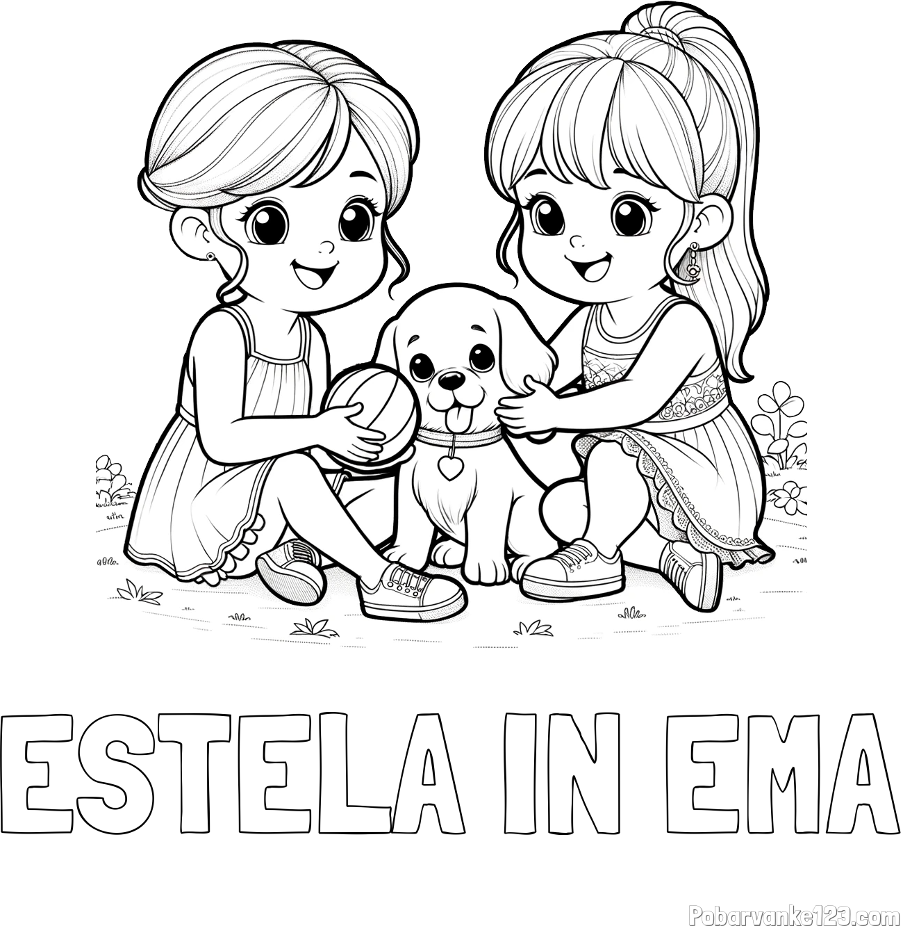 Pobarvanka imena ESTELA IN EMA in pobarvanka prijateljic s kužkom