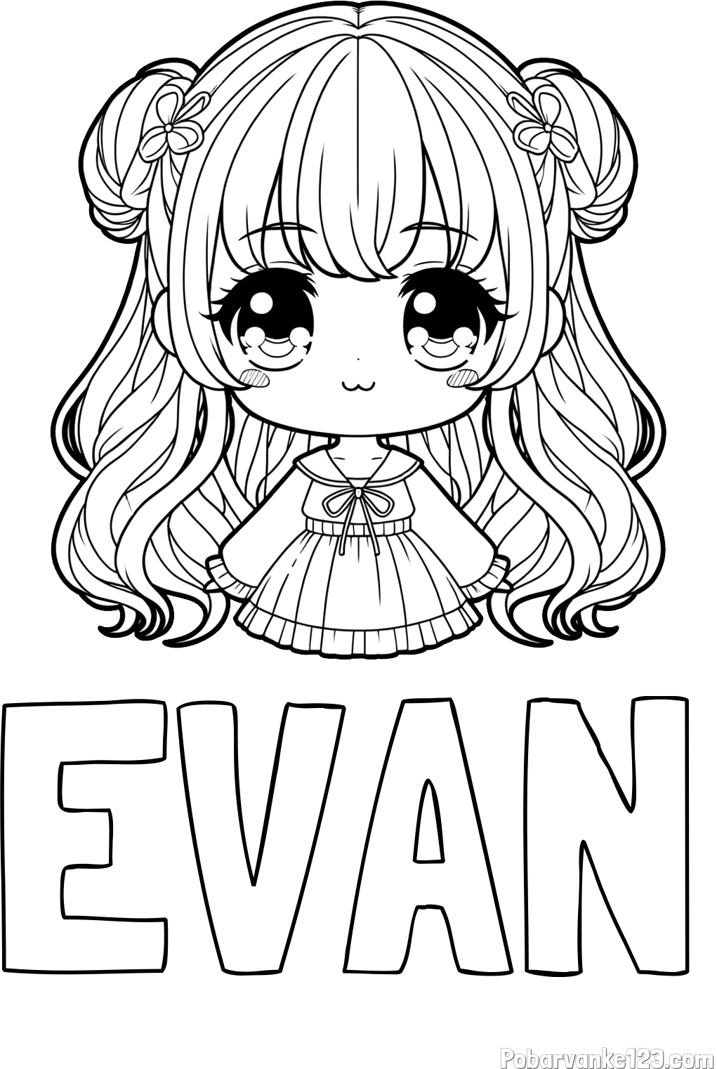 Pobarvanka imena EVAN in pobarvanka prikupne punčke v anime slogu