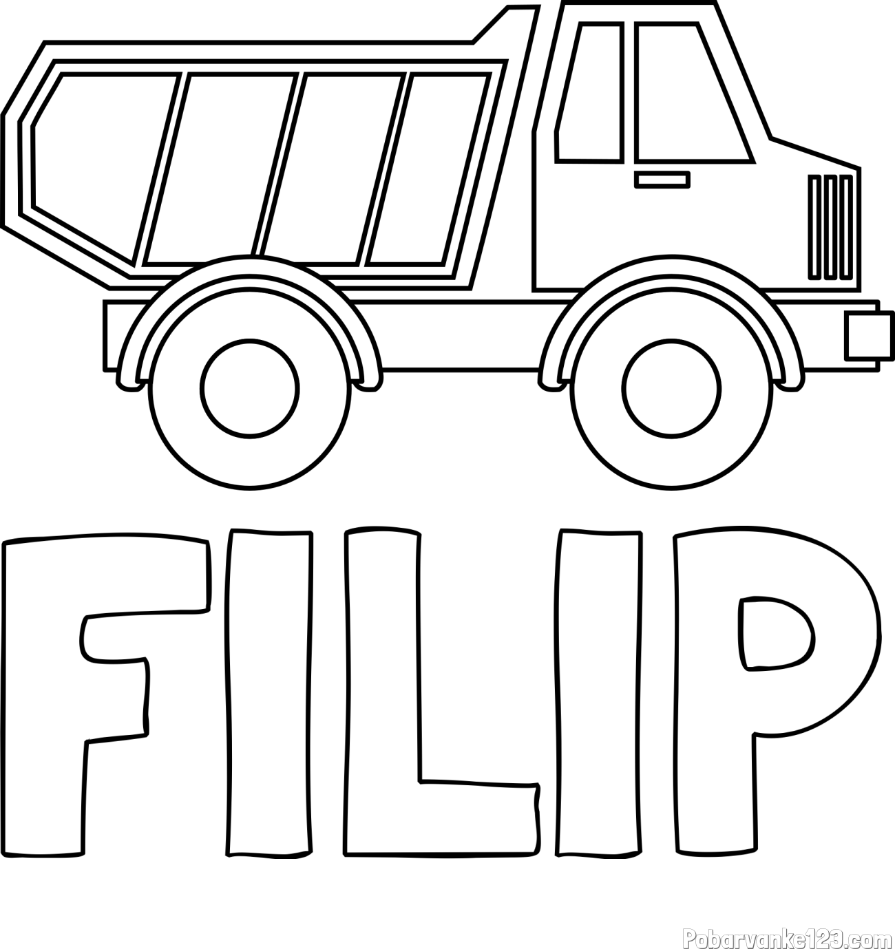 Pobarvanka imena FILIP in otroška pobarvanka tovornjaka za prevoz smeti in drugega tovora