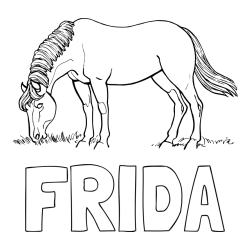 Online izdelana pobarvanka - Pobarvanka imena FRIDA in pobarvanka konja med pašo
