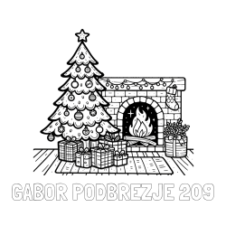 Online izdelana pobarvanka - Pobarvanka imena GABOR PODBREZJE 209 in pobarvanka božične noči z božično smrečico, darili ter kaminom