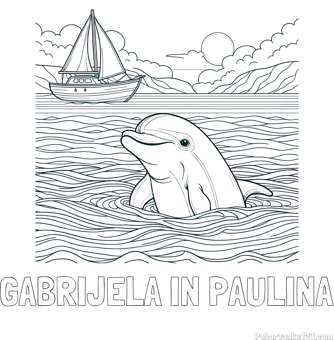 Pobarvanka imena GABRIJELA IN PAULINA in pobarvanka delfina v morju ter jadrnice