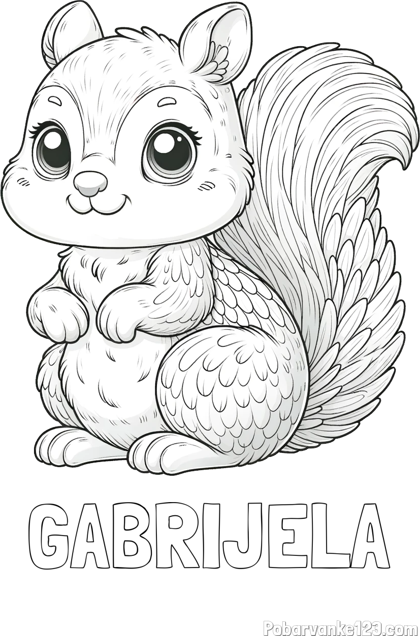 Pobarvanka imena GABRIJELA in pobarvanka ljubke in nasmejane veverice