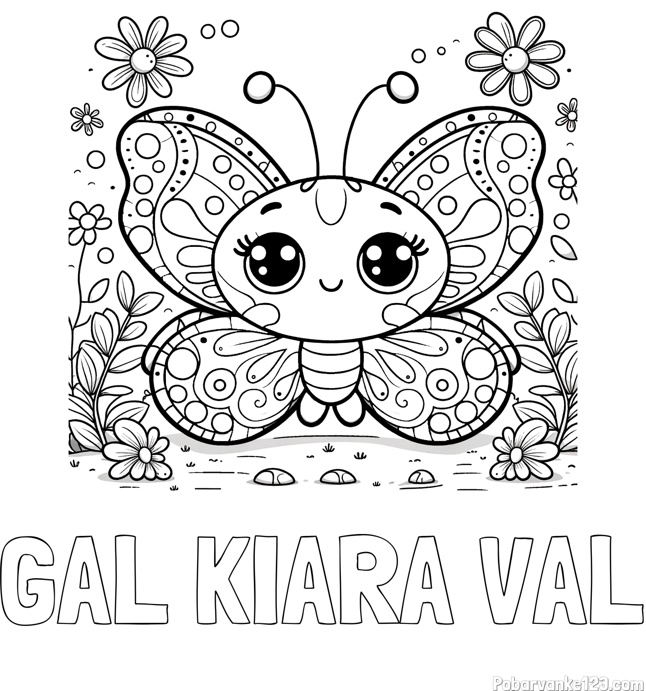 Pobarvanka imena GAL KIARA VAL in pobarvanka ljubkega metuljčka