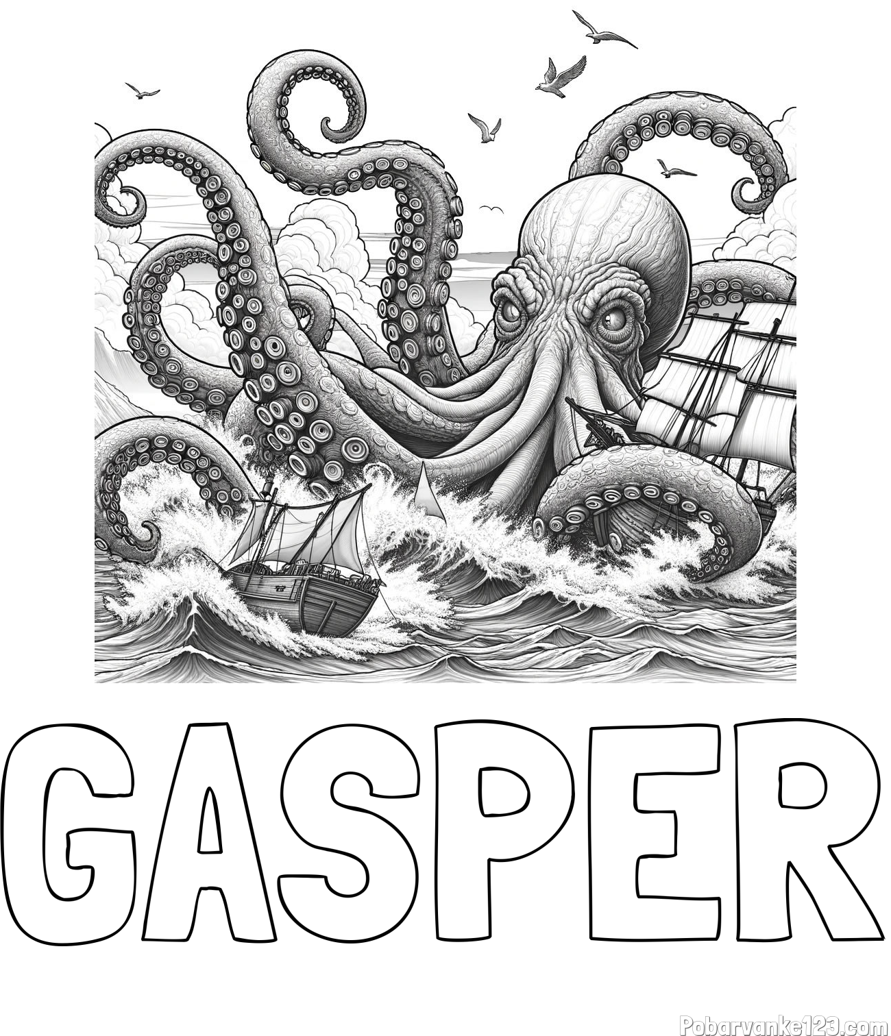 Pobarvanka imena GAŠPER in pobarvanka orjaške hobotnice, ki je napadla veliko gusarsko ladjo