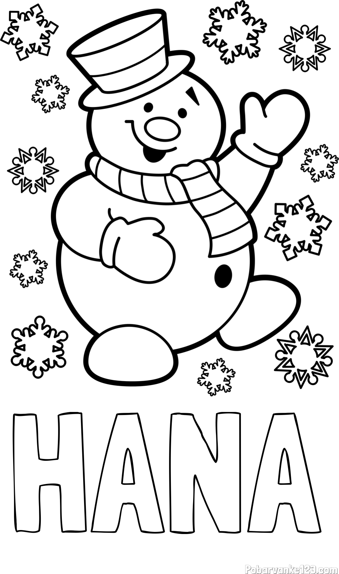 Pobarvanka imena HANA in pobarvanka veselega snežaka