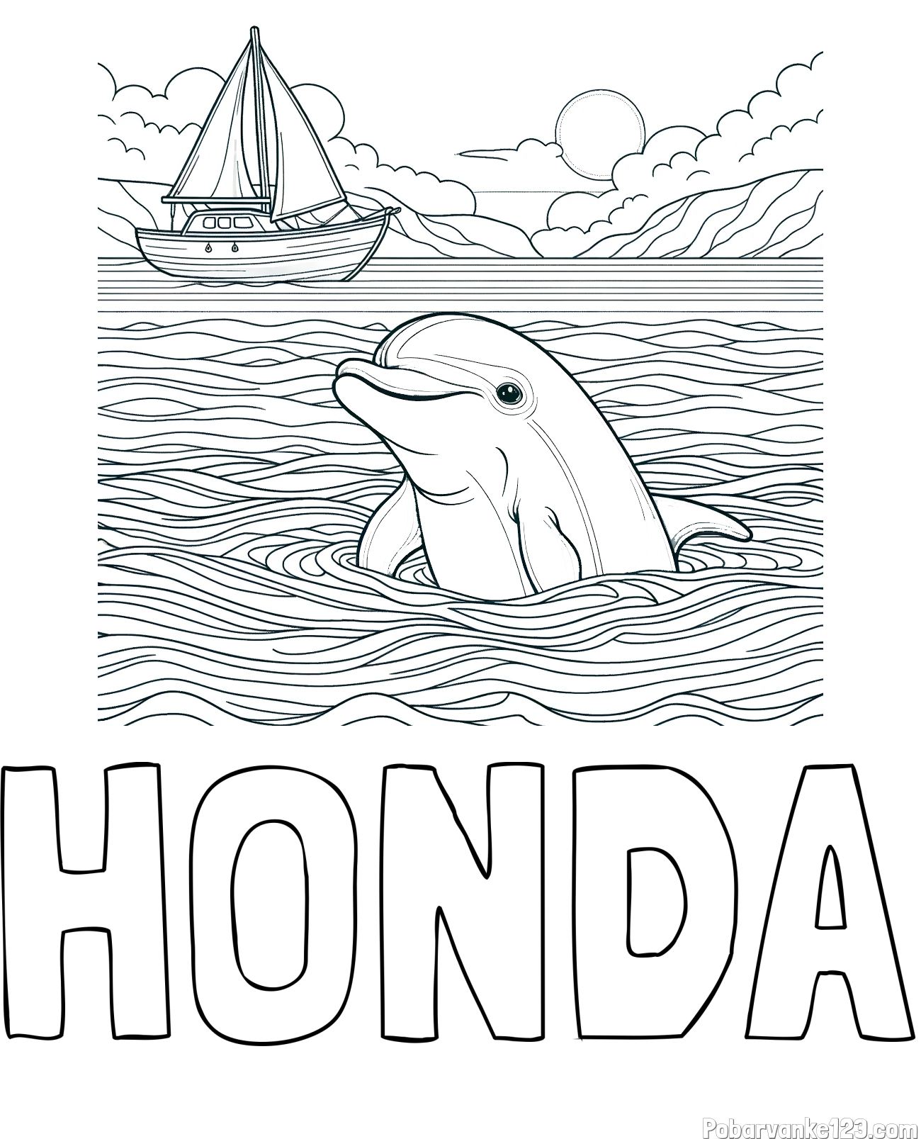 Pobarvanka imena HONDA in pobarvanka delfina v morju ter jadrnice