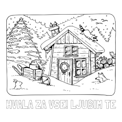 Online izdelana pobarvanka - Pobarvanka imena HVALA ZA VSE! LJUBIM TE in pobarvanka zasnežene pokrajine s hiško