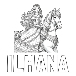Online izdelana pobarvanka - Pobarvanka imena ILHANA in pobarvanka nasmejana princese na konju