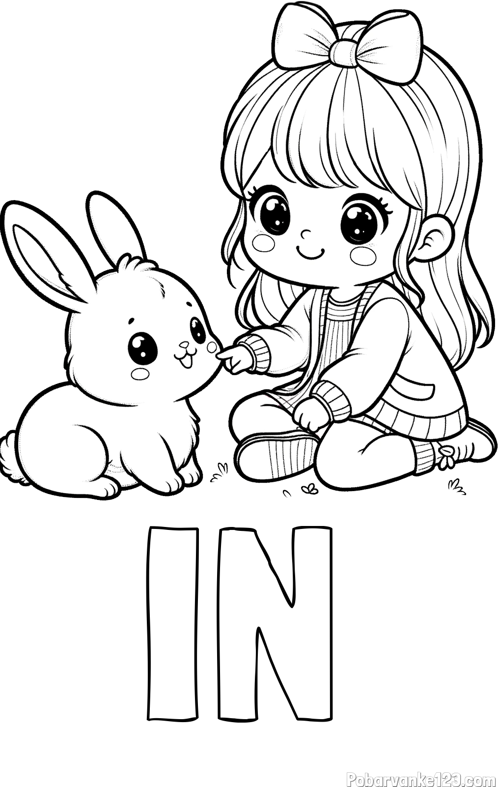 Pobarvanka imena IN in pobarvanka ljubke punčke, ki se igra z zajčkom