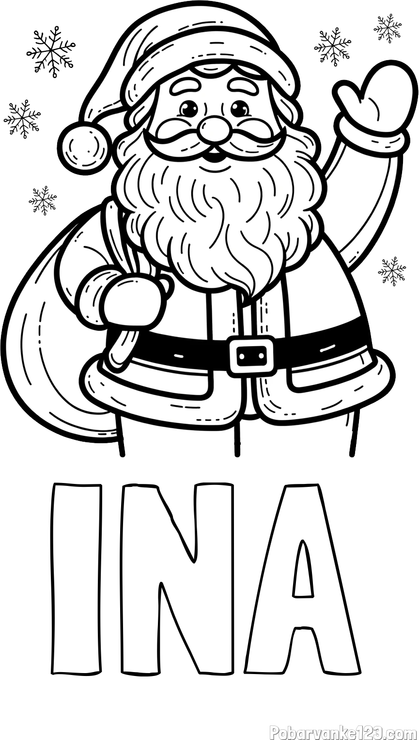 Pobarvanka imena INA in pobarvanka nasmejanega Božička s polno vrečo daril