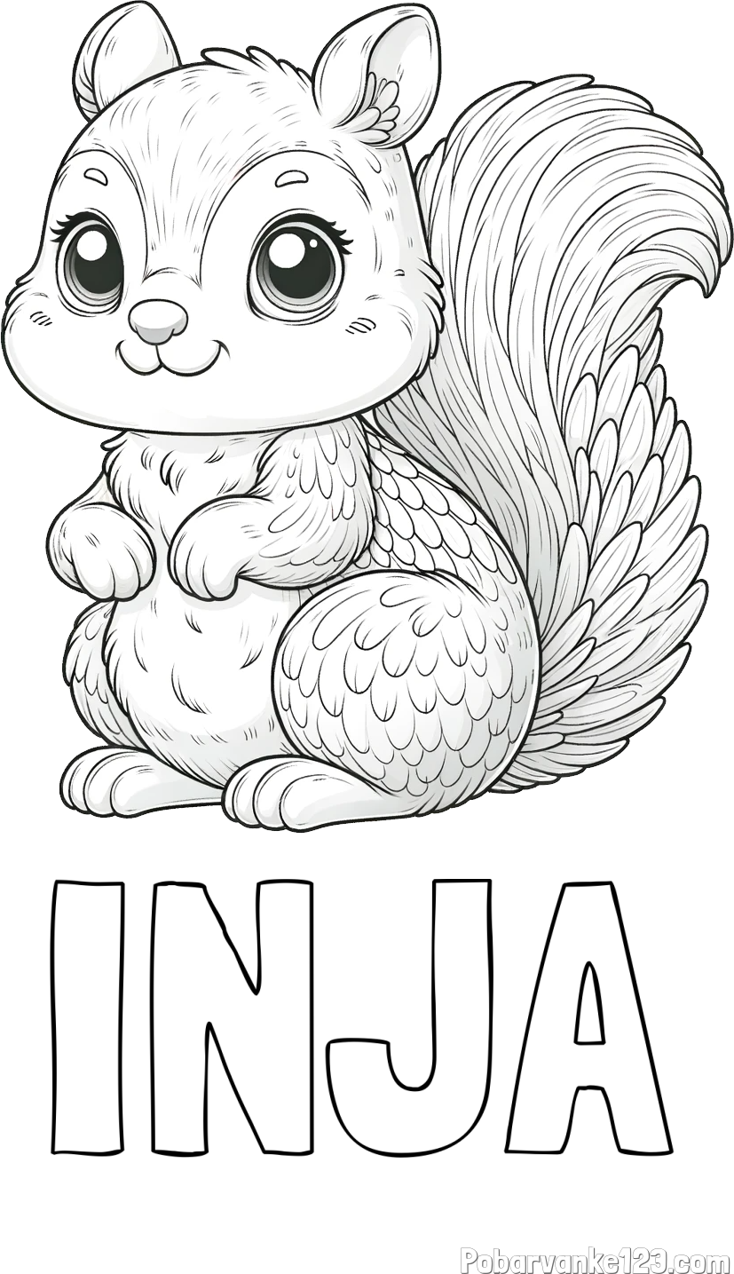 Pobarvanka imena INJA in pobarvanka ljubke in nasmejane veverice