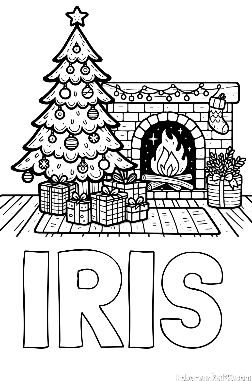 Pobarvanka imena IRIS in pobarvanka božične noči z božično smrečico, darili ter kaminom